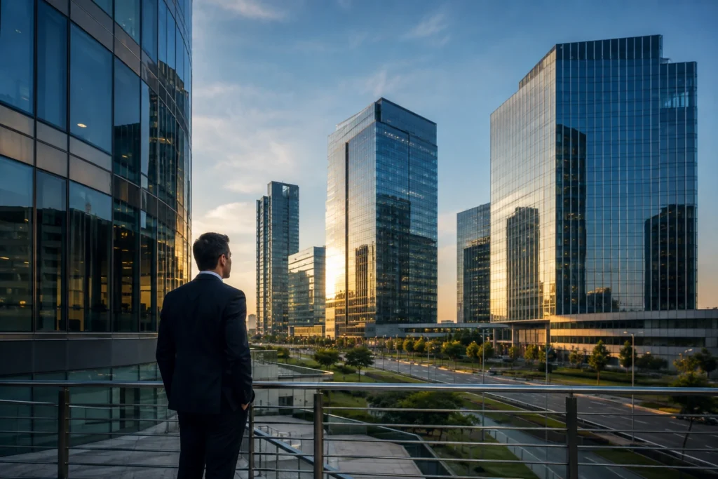 Man looking towards a commercial building
