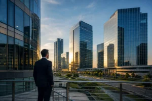 Man looking towards a commercial building